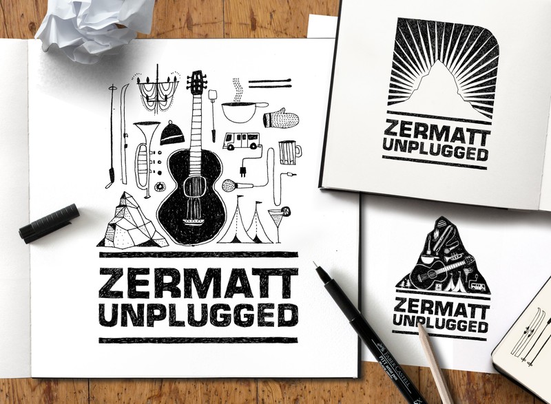 Illustration von Label und Icons für Zermatt Unplugged
